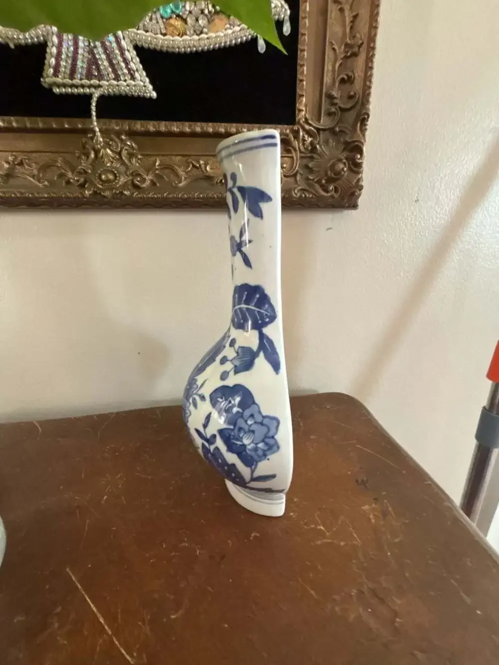 Vintage Blue and White Porcelain Chinoiserie Floral Wall Pocket Vase